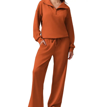 Half-zip top and matching wide-leg pants · orange color