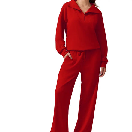 Half-zip top and matching wide-leg pants · Red