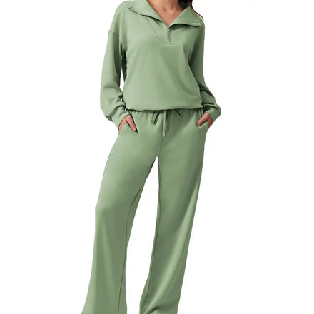Half-zip top and matching wide-leg pants · pea green