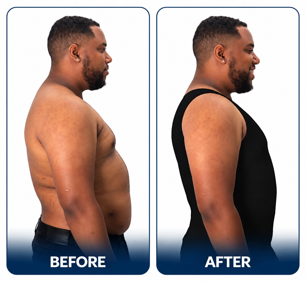 Before and after wearing the black compression tank