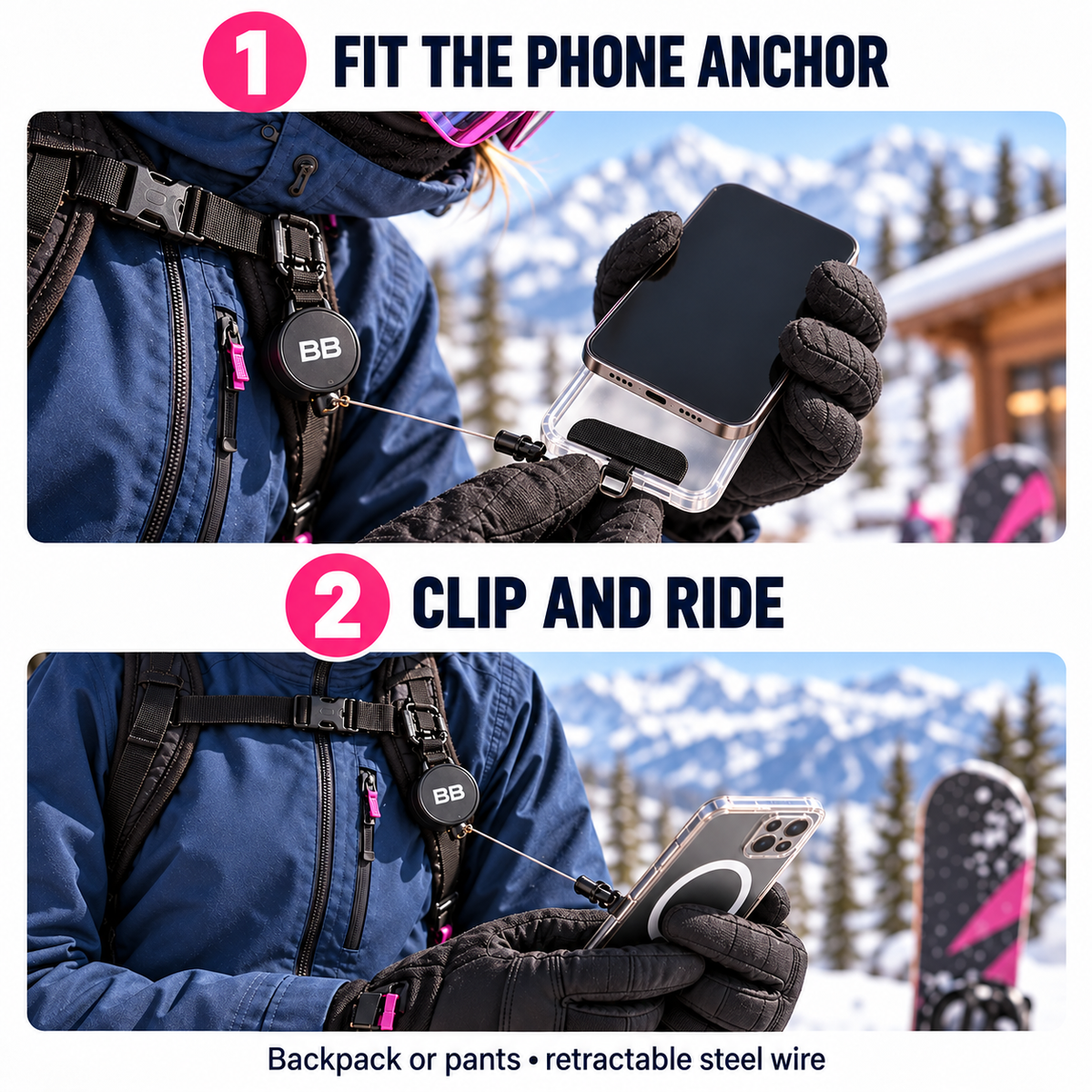 Two-step square guide to fit phone anchor and clip BB Phone Saver
