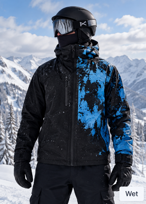 Jacket with its reactive color revealed by moisture
