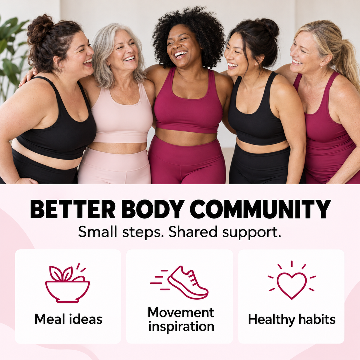 Illustration of the Better Body Community: meal ideas, movement inspiration and healthy habits