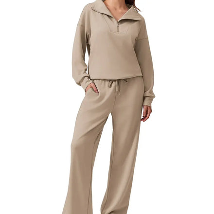 Half-zip top and matching wide-leg pants · light khaki