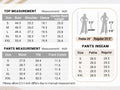 Supplier size chart — top and pants garment measurements, regular and petite inseams