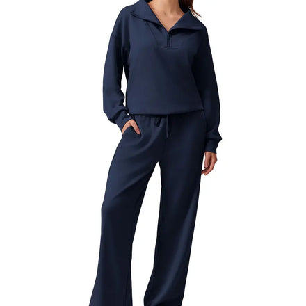 Half-zip top and matching wide-leg pants · navy