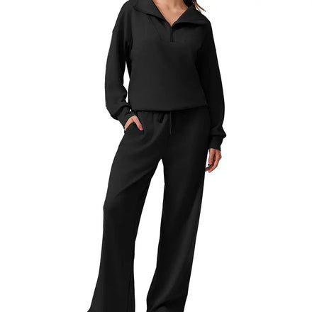 Half-zip top and matching wide-leg pants · black