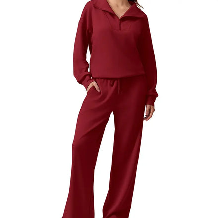 Half-zip top and matching wide-leg pants · claret