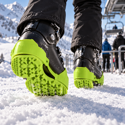Lime BB ski boot sole protectors near a snowy chairlift