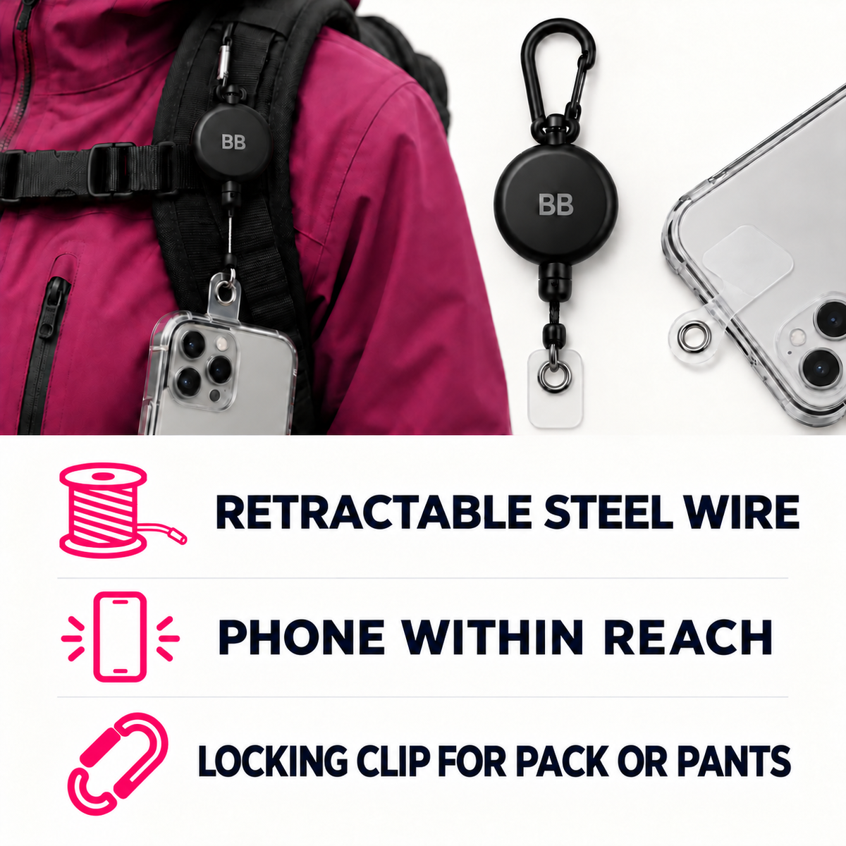 Retractable steel wire and locking clip benefits for pack or pants