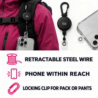Retractable steel wire and locking clip benefits for pack or pants