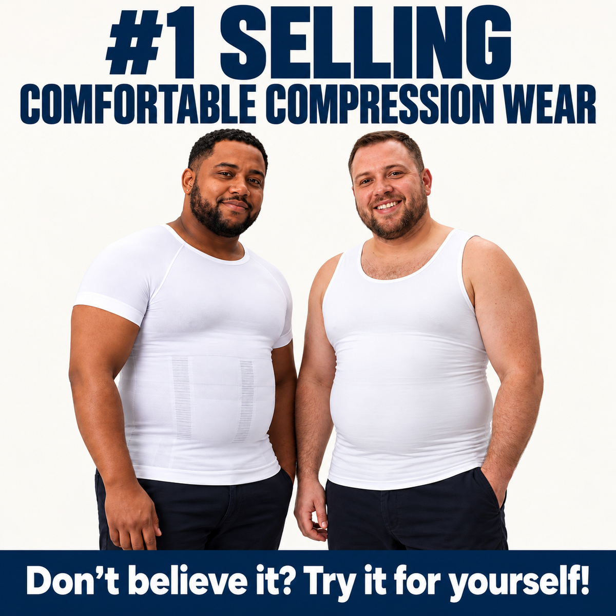 Two men wearing compression tee and tank with requested comfortable compression wear headline