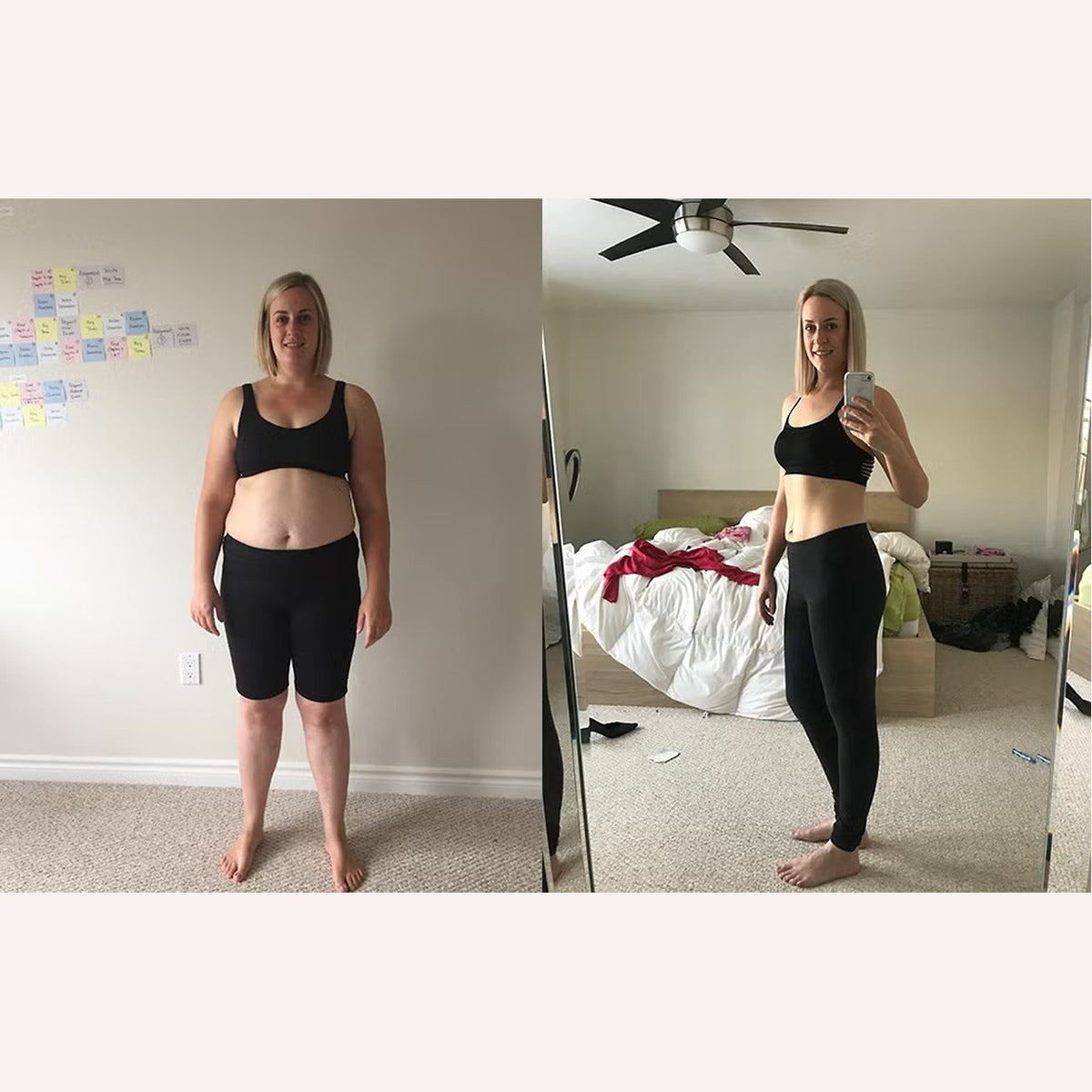 Customer before-and-after progress comparison; individual results vary