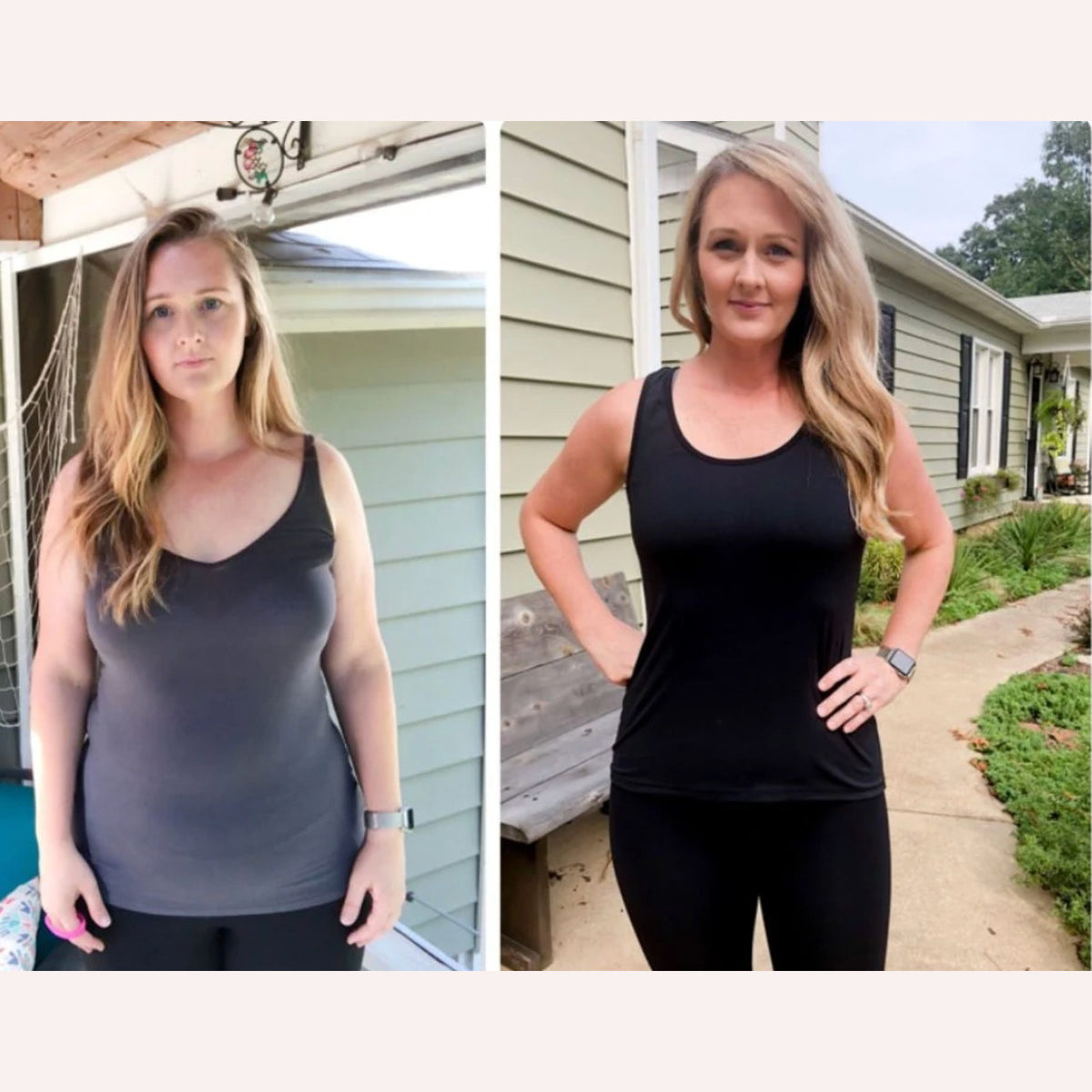 Customer before-and-after progress comparison; individual results vary