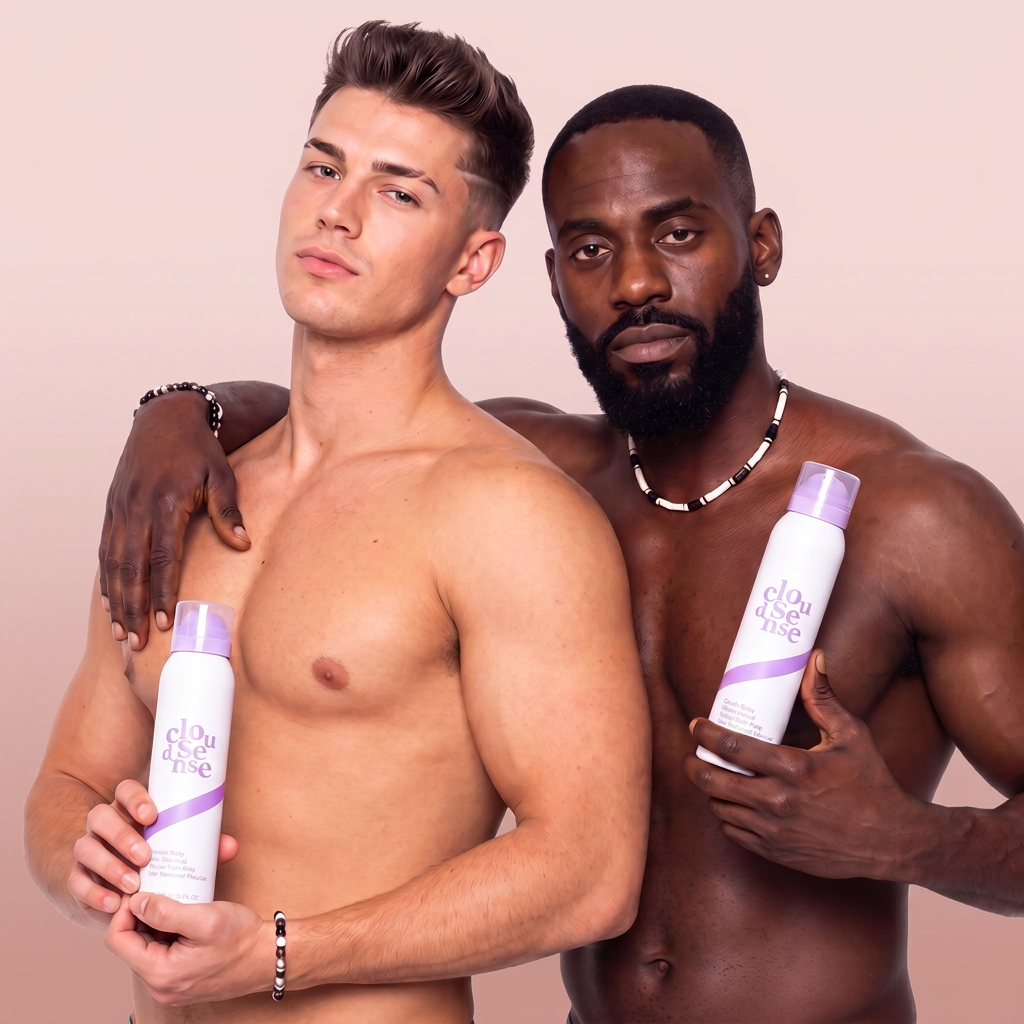Two men holding Cloudsense hair removal mousse