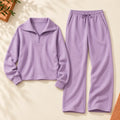 Lavender complete half-zip top and wide-leg pants matching set — flat lay
