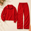 Red complete half-zip top and wide-leg pants matching set — flat lay