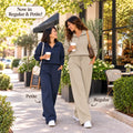 Now in Regular & Petite! Two moms laughing together, navy Petite and Light Khaki Regular matching sets